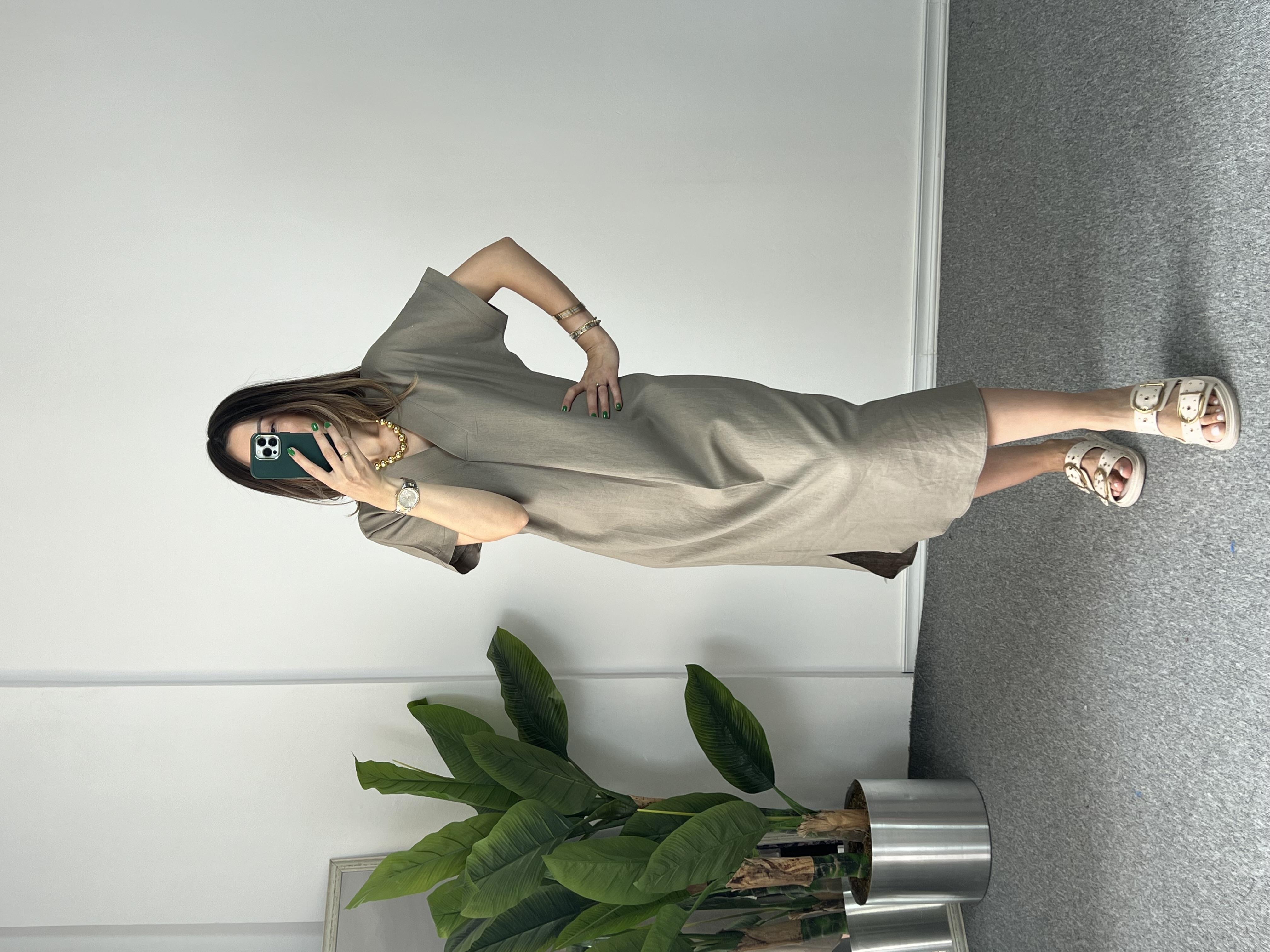 V Yaka Vizon Ham Keten Elbise