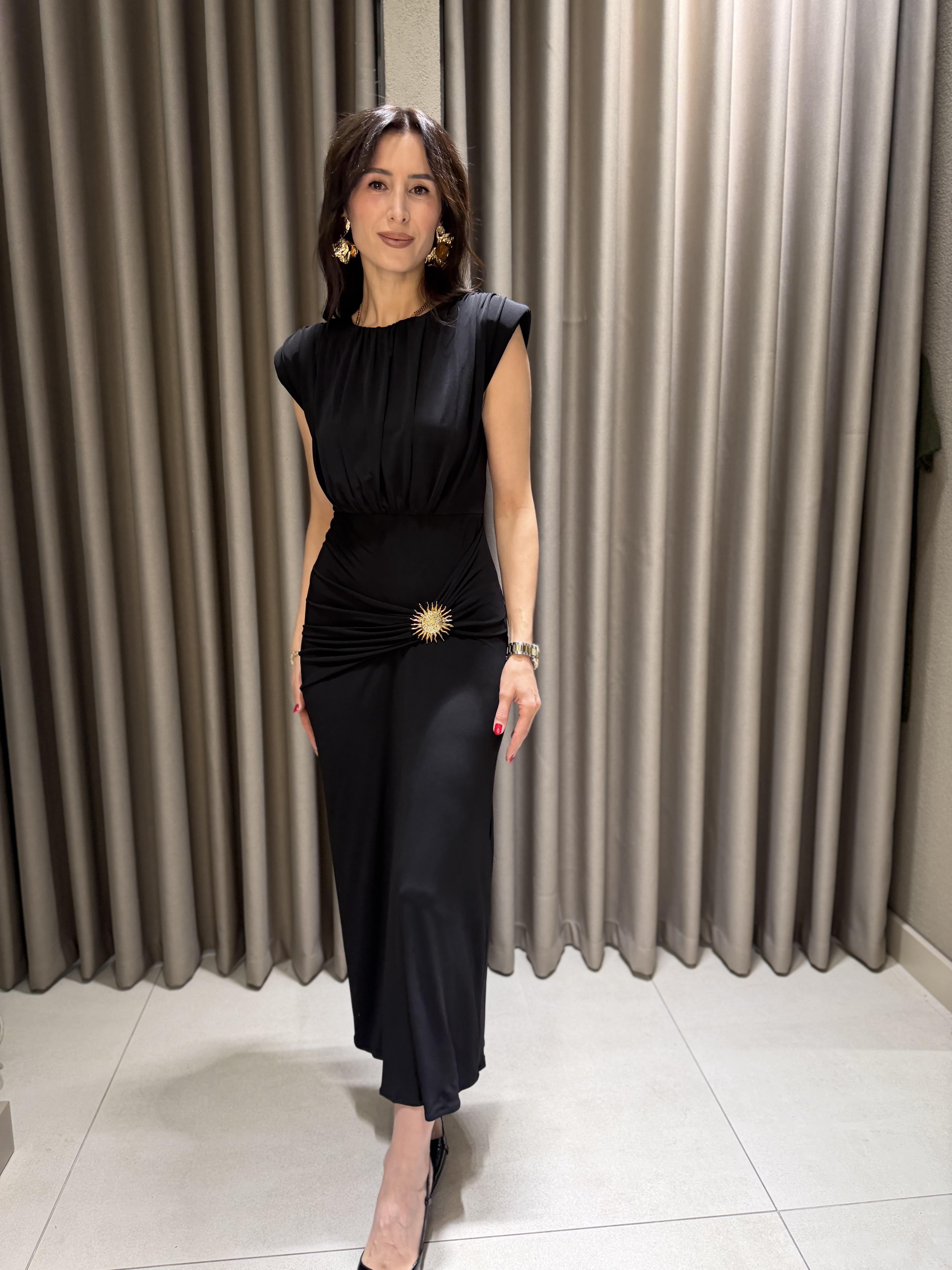 Vatkalı Güneş Elbise SİYAH