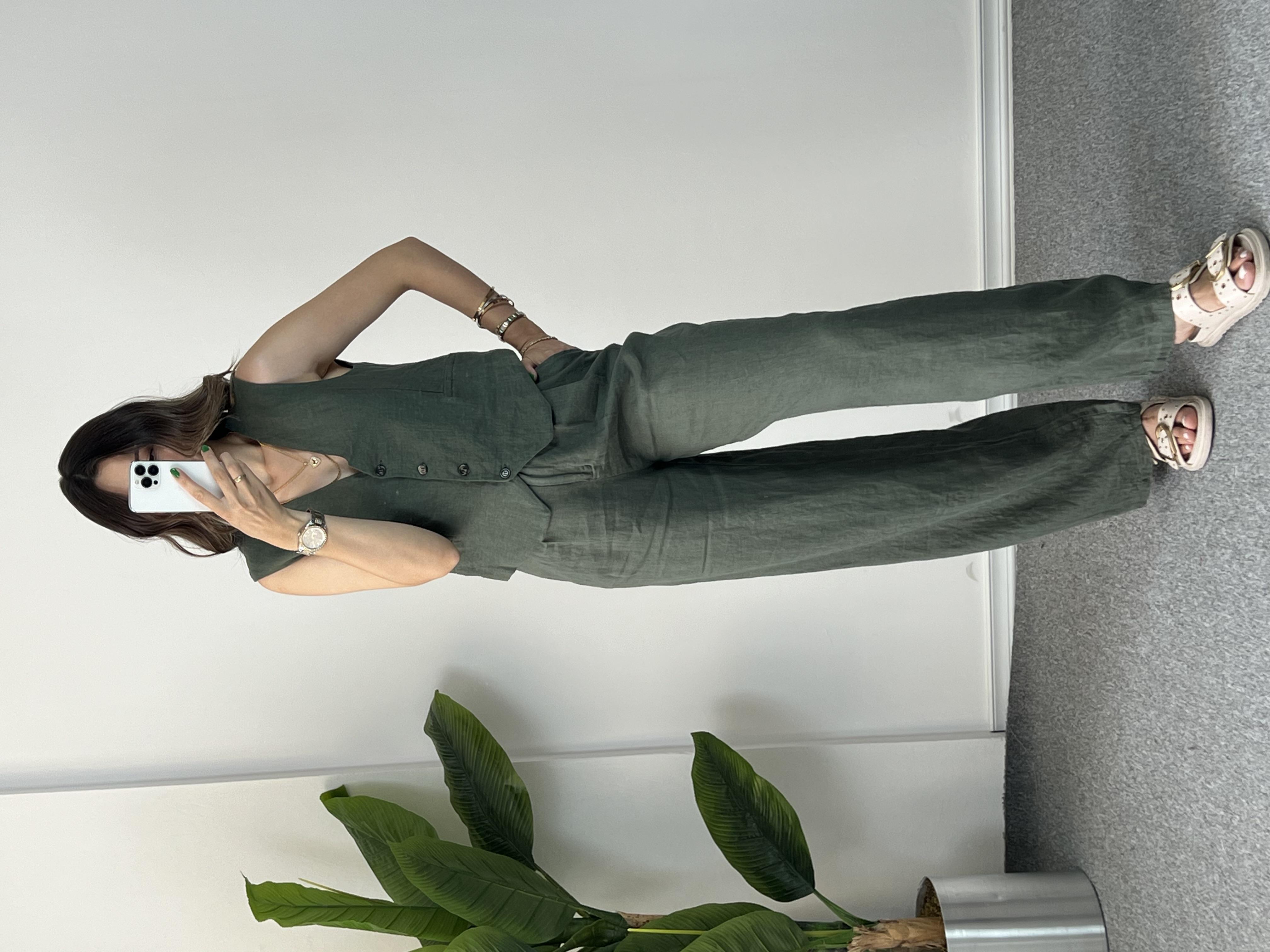 Yelekli Yeşil Ham Keten Takım 