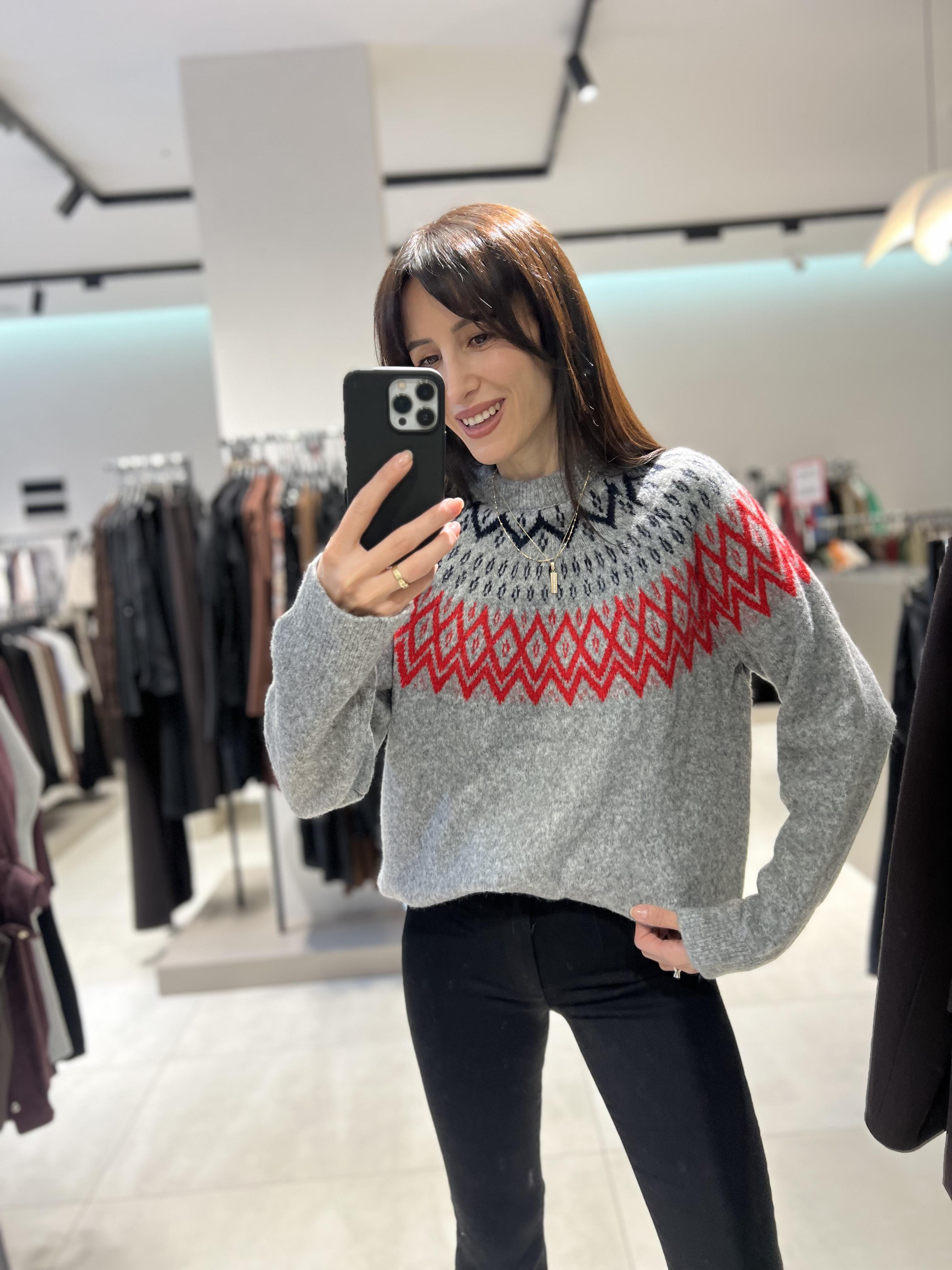 Zigzag Desenli Gri Kazak