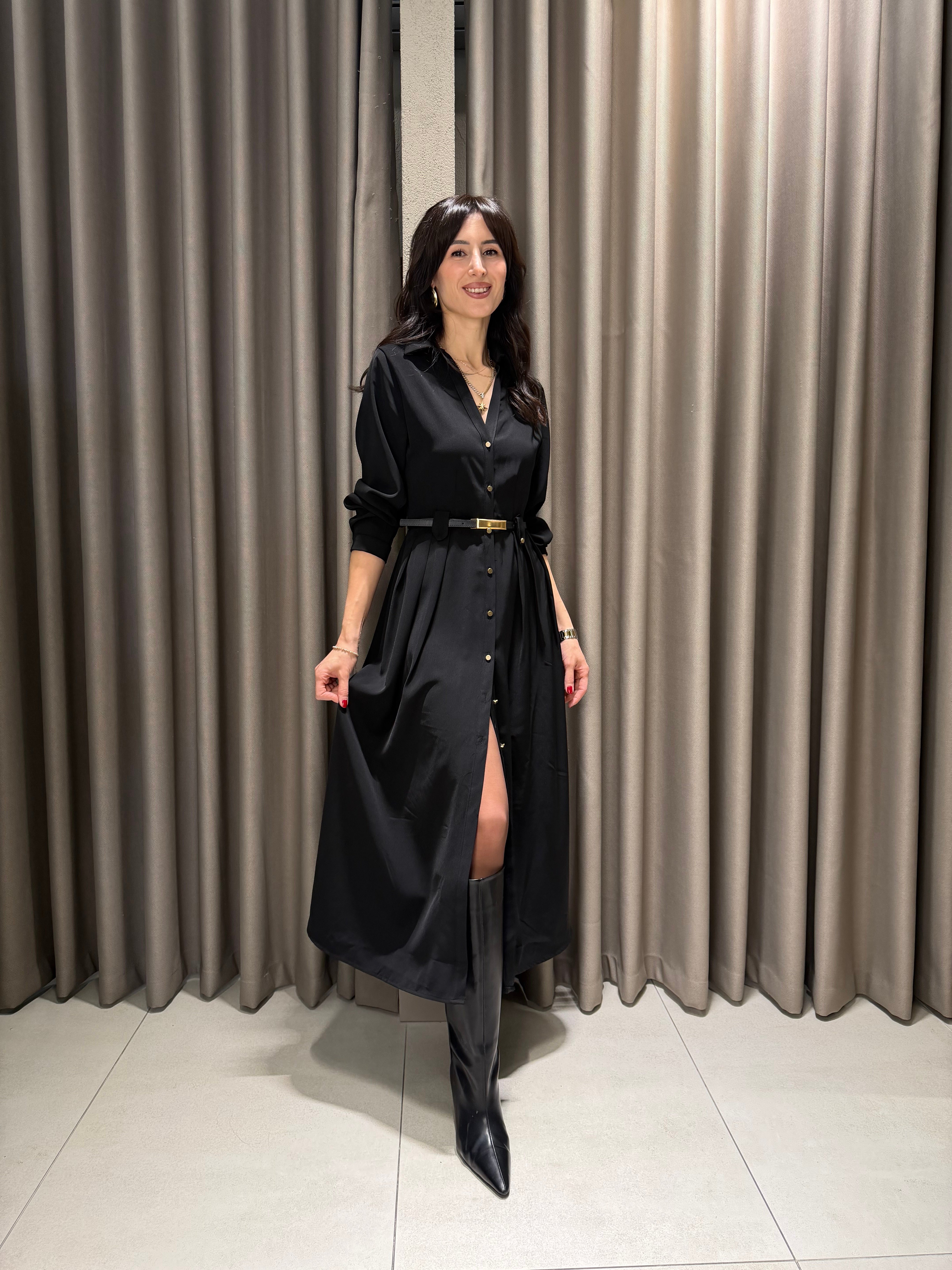 ZR MODEL TENSEL MİDİ BOY DÜĞMELİ ELBİSE SİYAH