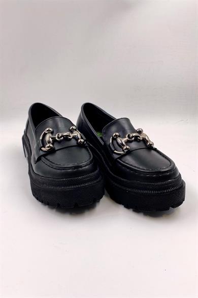  Serene Topuk Pedli Yüksek Tabanlı Siyah Mat Loafer Ayakkabı