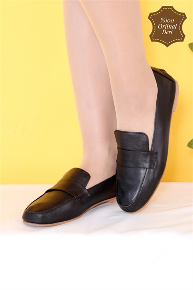 Ophelia Siyah Hakiki Deri Kadın Babet Ayakkabı