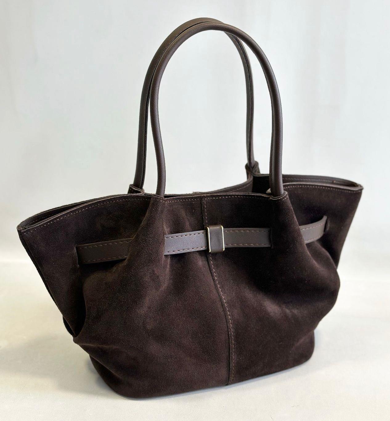 Hakiki Deri Süet Acıkahve Kemerli Çanta