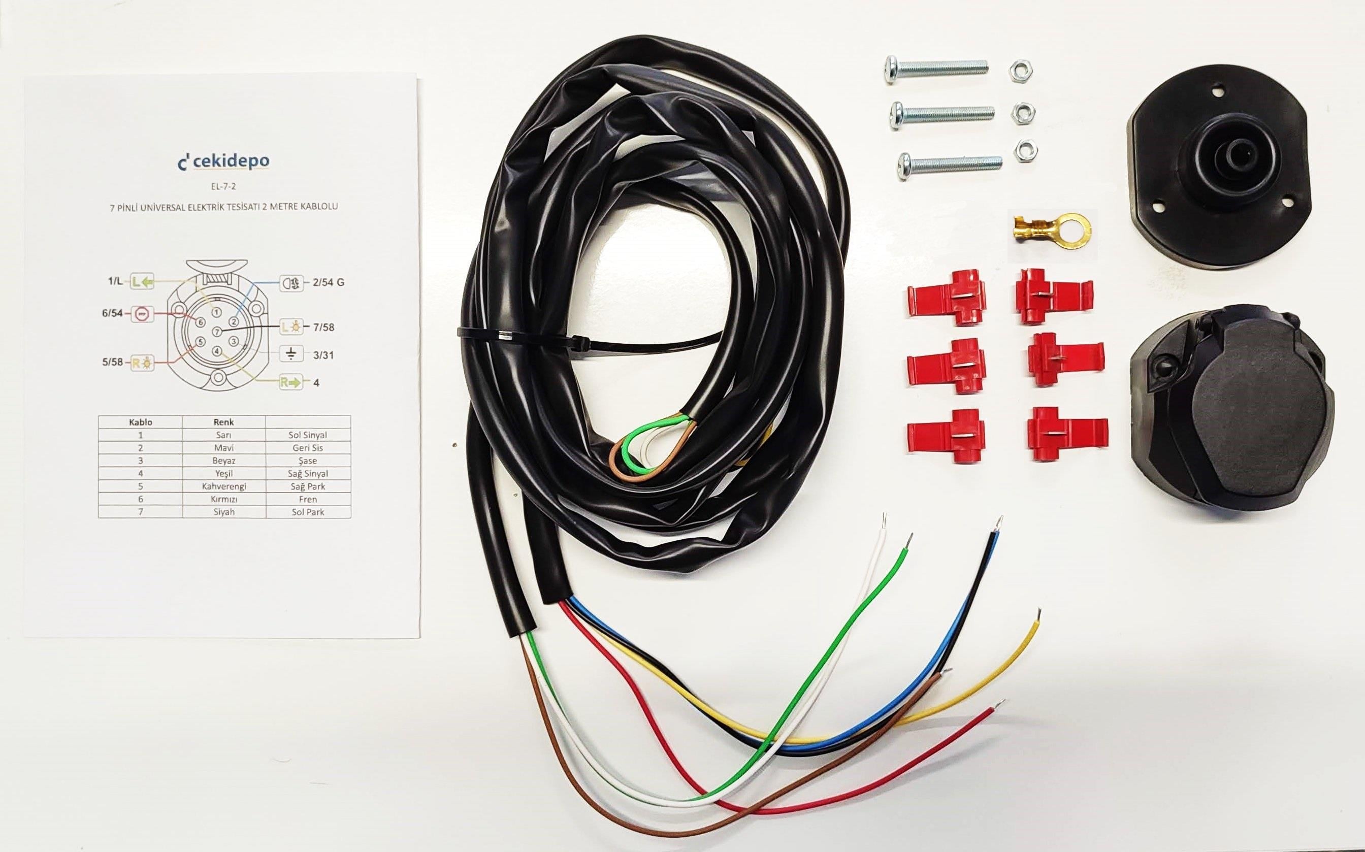7 Pinli Universal Elektrik Tesisatı 2 Metre Kablolu Çift Makaronlu