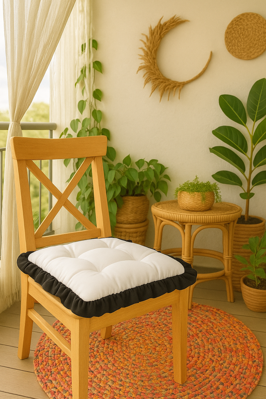 Beyaz Siyah Fırfırlı Özel Dikişli Sandalye Minderi Dolgulu Kare Bağcıklı Yıkanabilir 40x40 cm