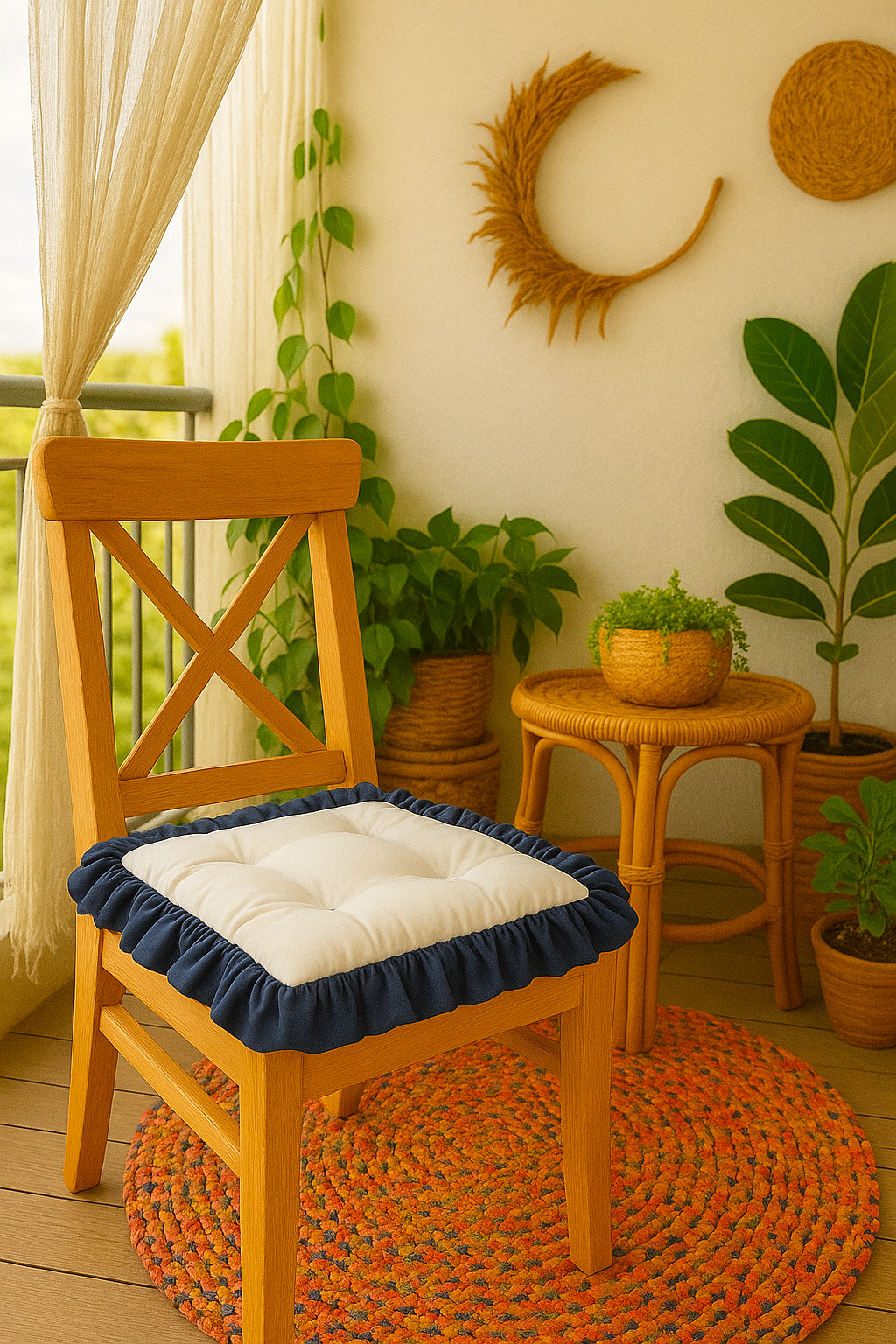 Mavi Beyaz Fırfırlı Özel Dikişli Sandalye Minderi Dolgulu Kare Bağcıklı Yıkanabilir 40x40 cm