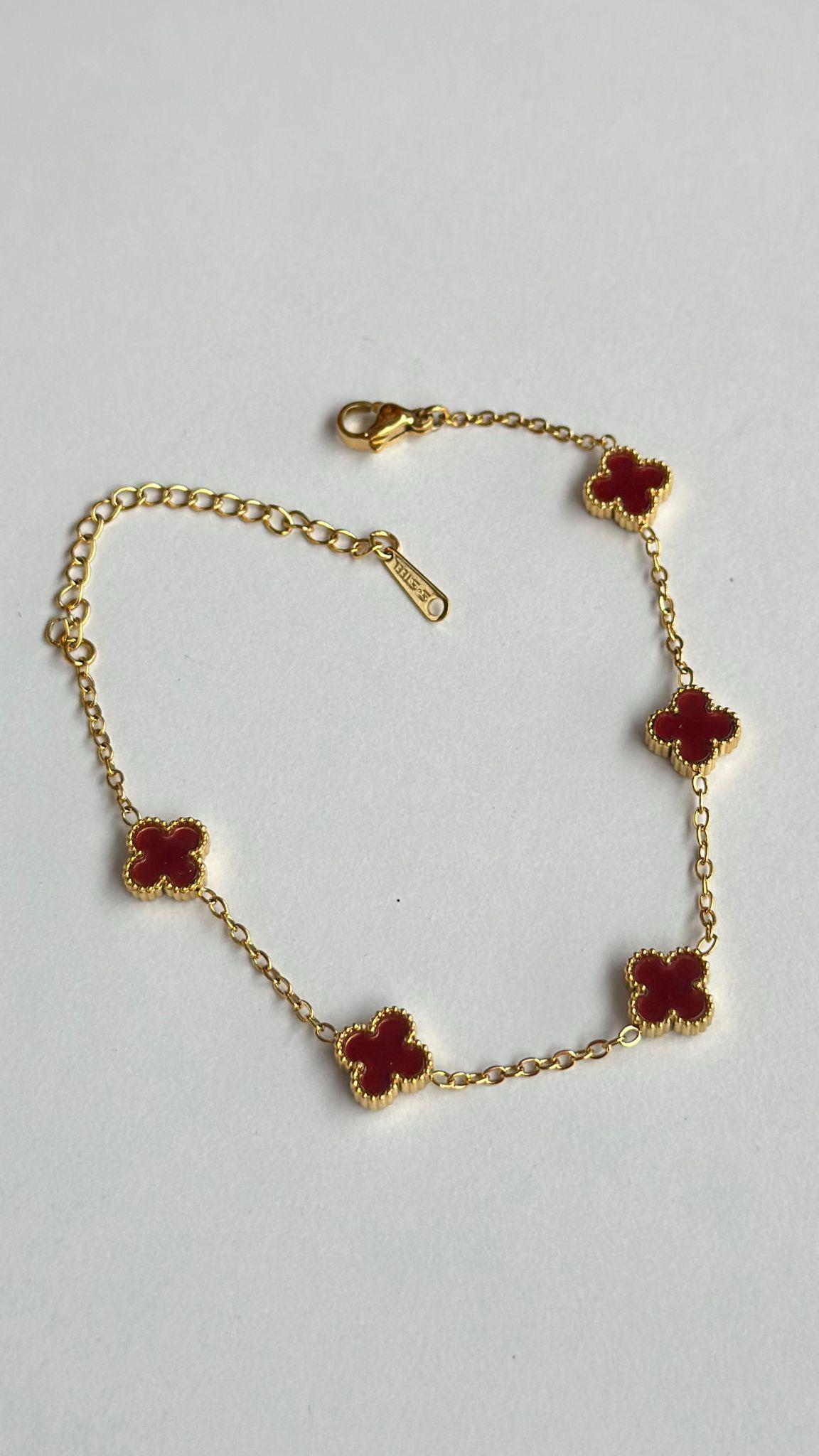 Mini Yonca Çelik Bileklik Gold Bordo