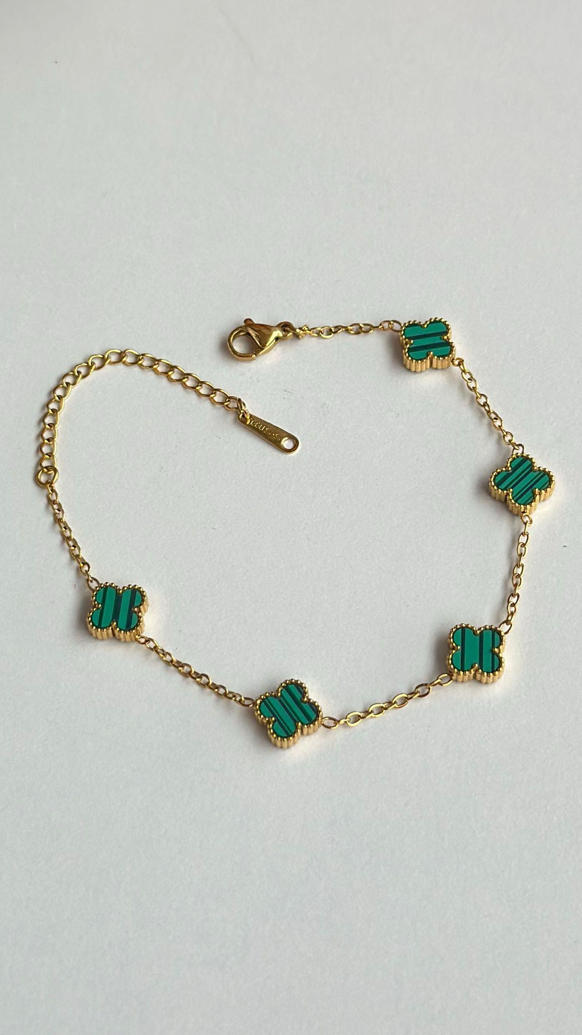 Mini Yonca Çelik Bileklik Gold Yeşil