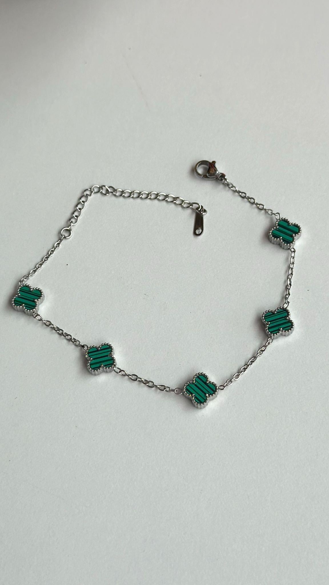 Mini Yonca Çelik Bileklik Gümüş Yeşil Renk