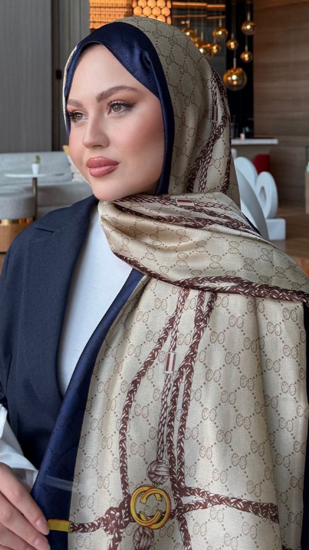 Zincir Desen İpek Vual Şal Bej