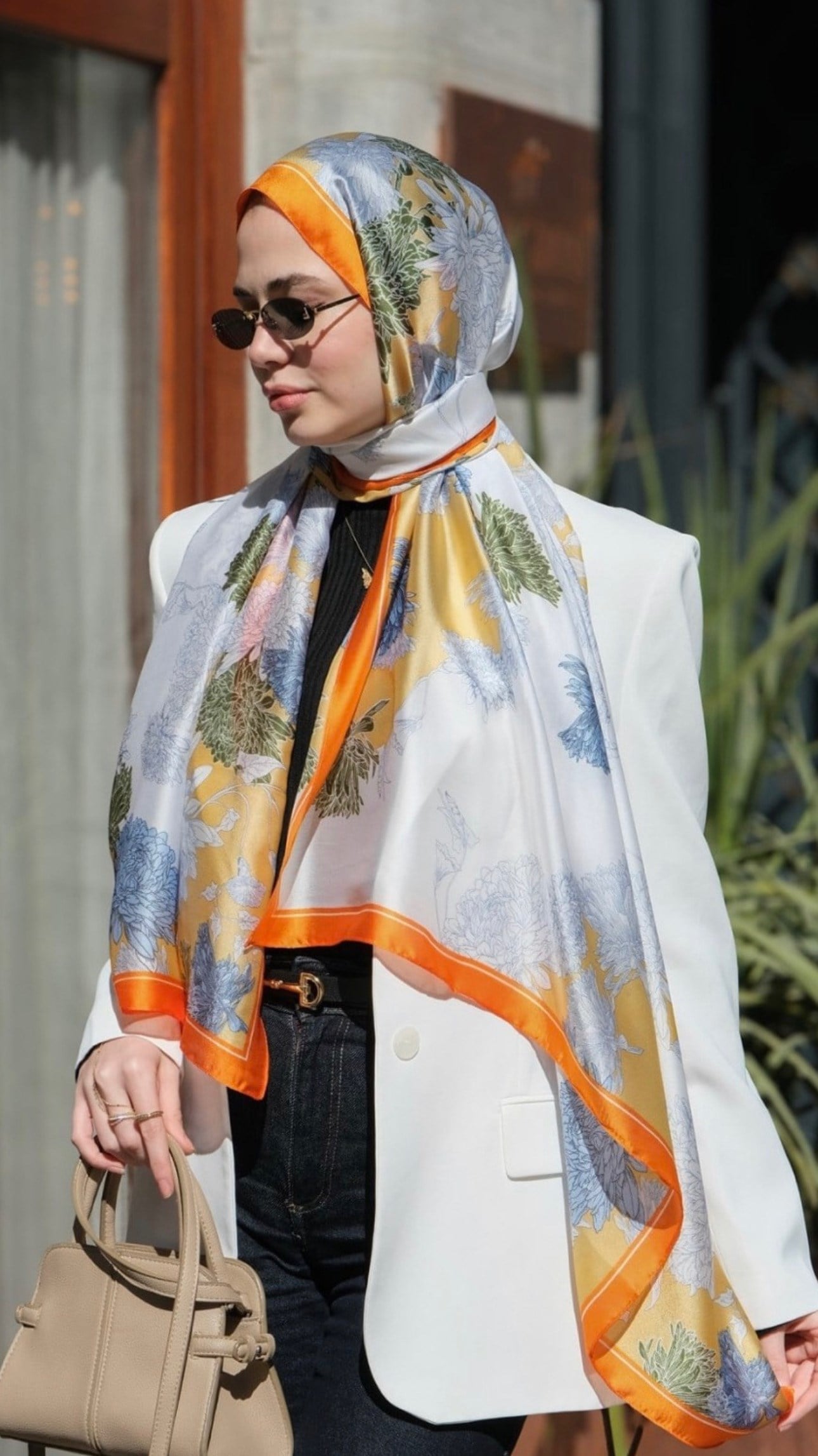 Sakura Çiçek İpek Vual Şal Oranj