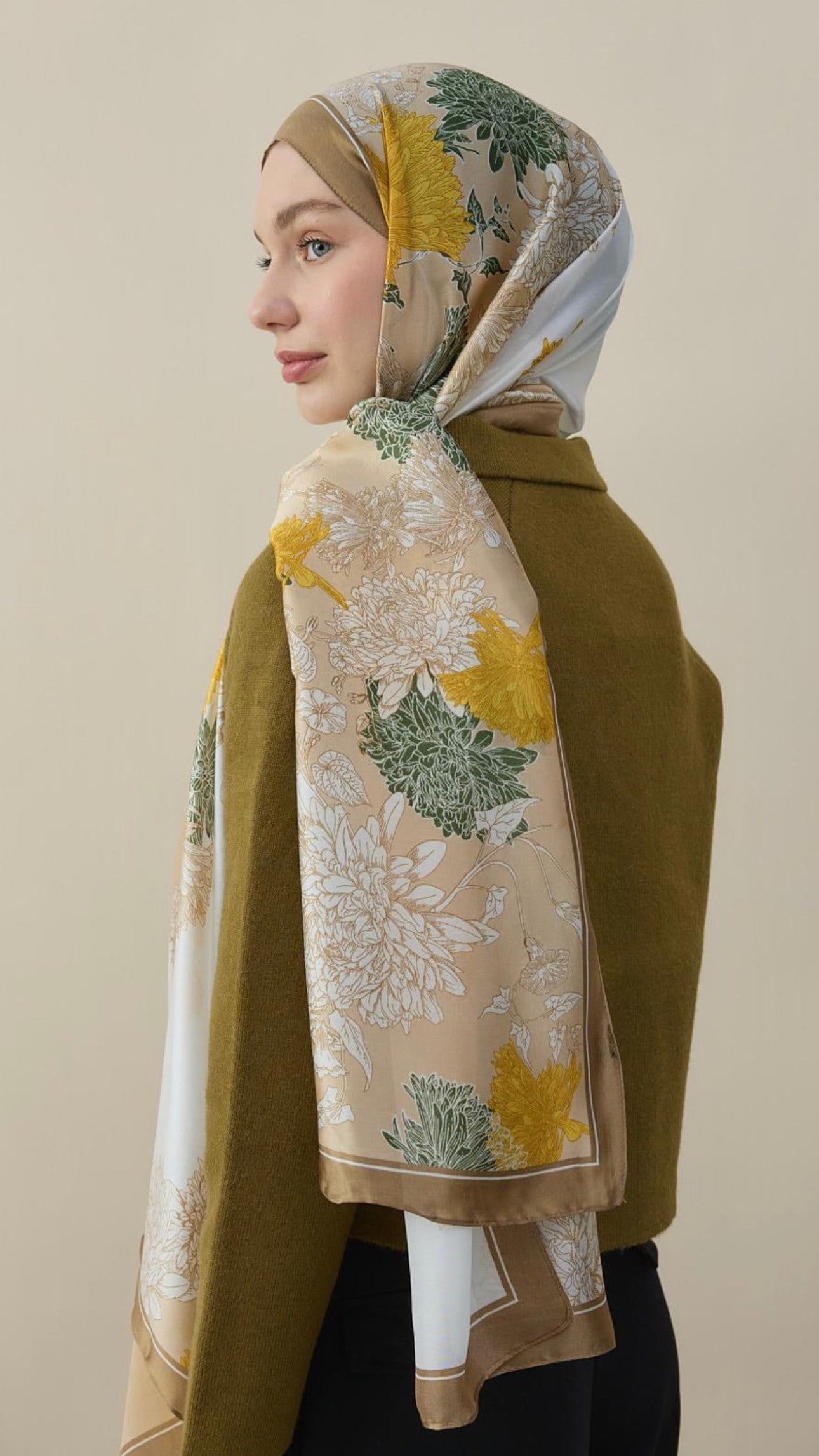 Sakura Çiçek İpek Vual Şal Kahve