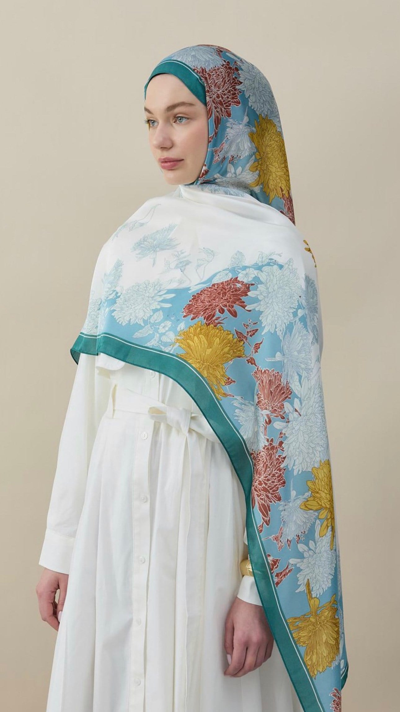 Sakura Çiçek İpek Vual Şal Mint