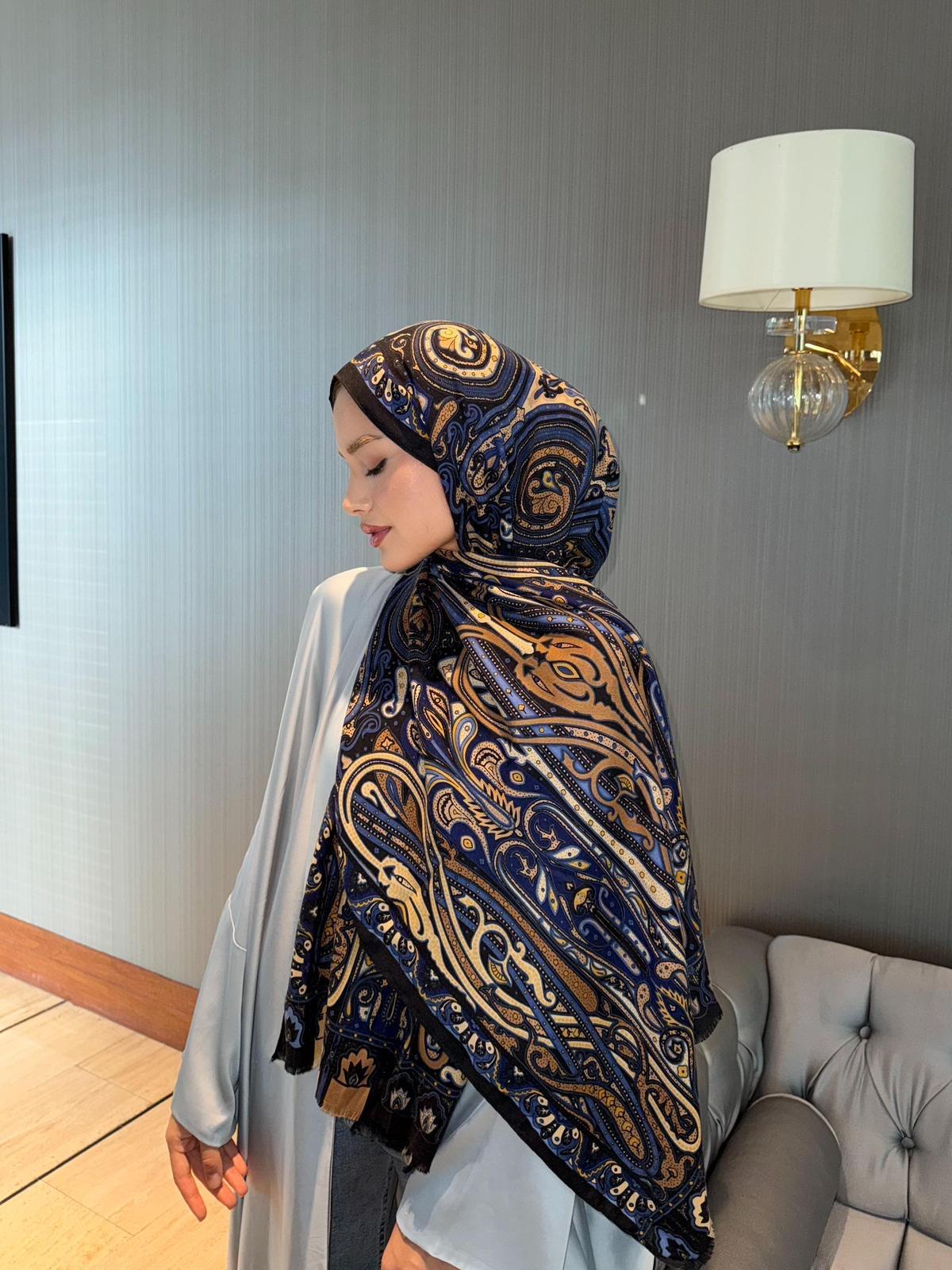 Etnik Desen Yün Kaşmir Şal Lacivert