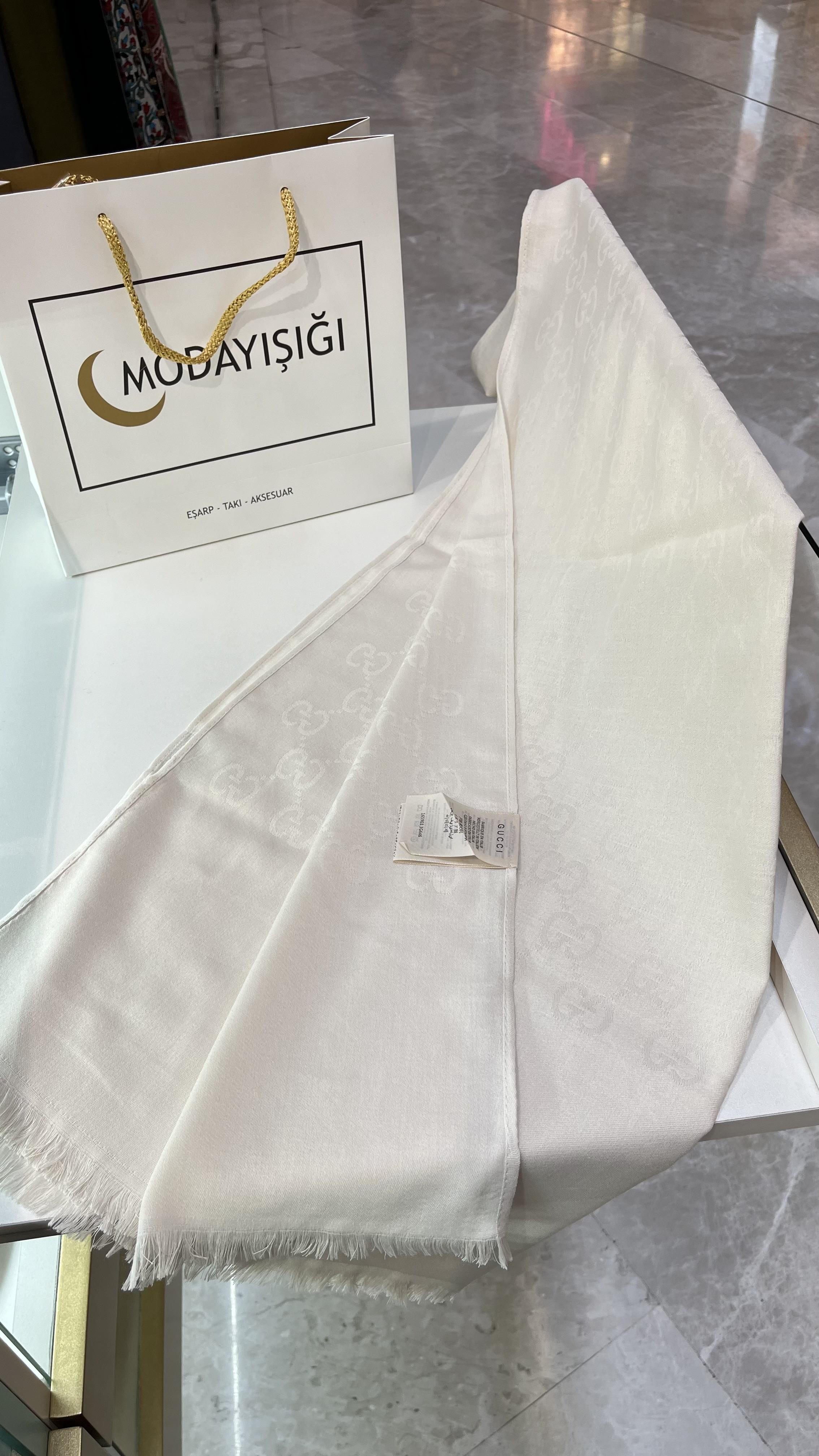 Yeni Sezon G Desen Kırık Beyaz Yün Pamuk Şal