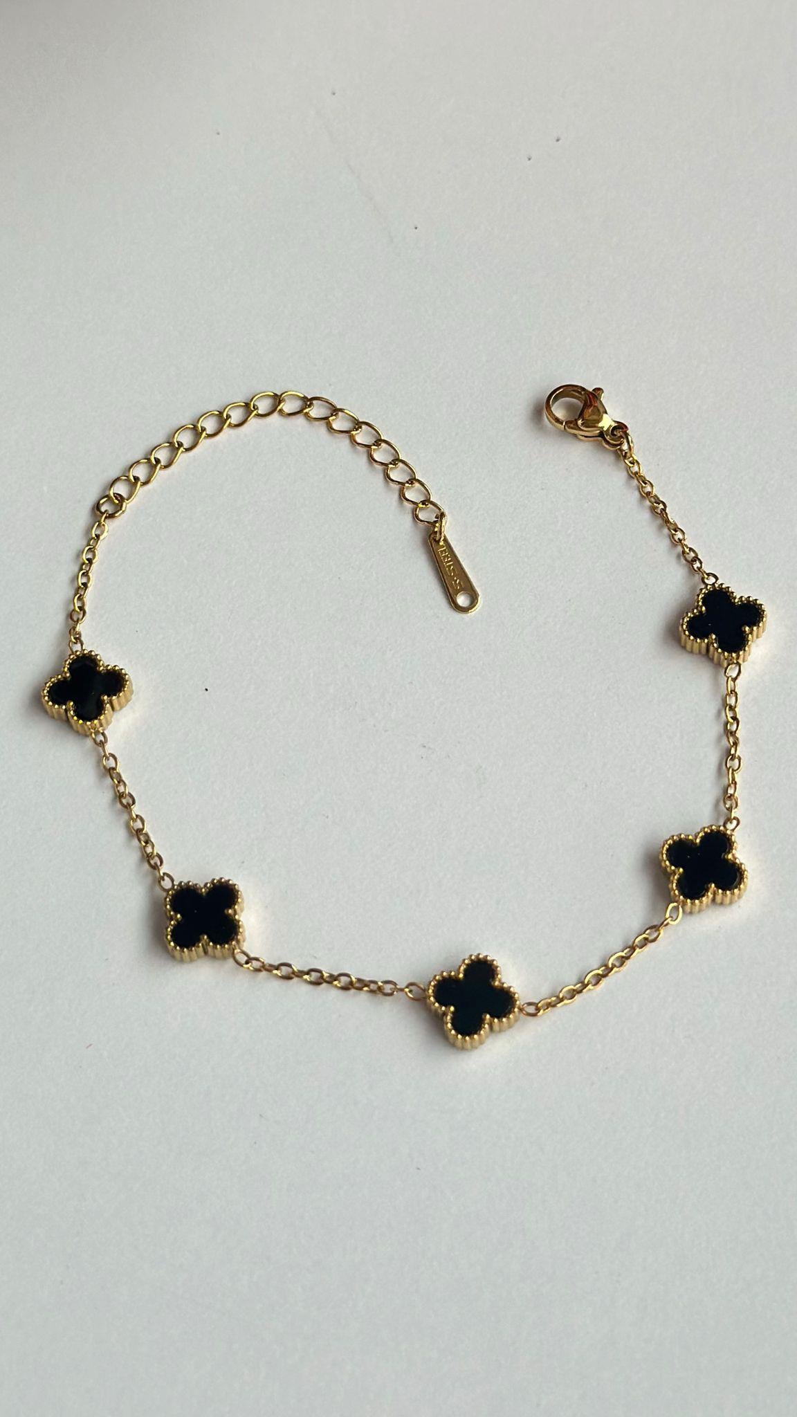 Mini Yonca Çelik Bileklik Gold Siyah Renk