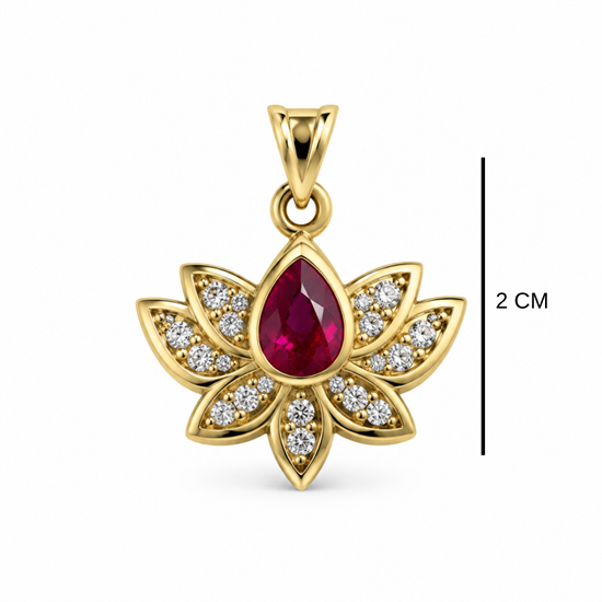Kırmızı Taşlı Lotus 14 Ayar Altın Kolye Ucu