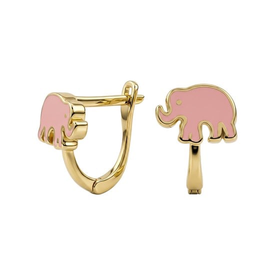 Fil Modeli Pembe Mineli Klips Kilitli Çocuk Küpe 14 Ayar Altın