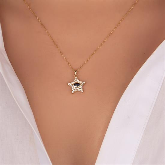 14 Ayar Altın Mavi Taşlı Yıldız Kolye