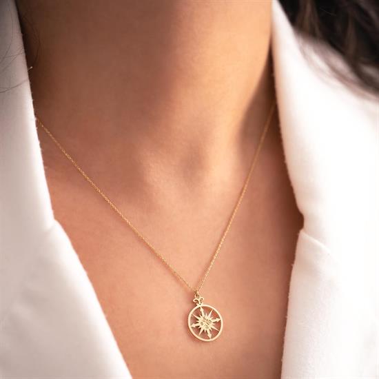 14 Ayar Altın Minimal Pusula Kolye