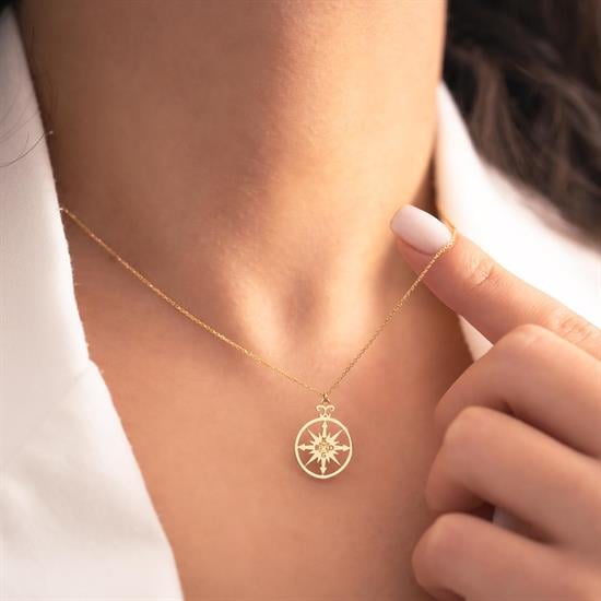14 Ayar Altın Minimal Pusula Kolye