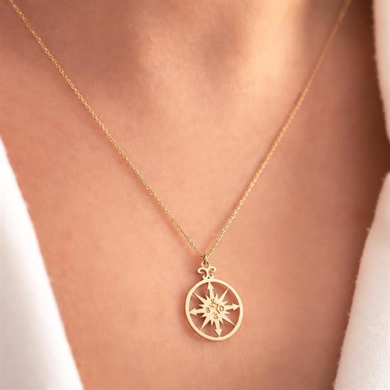 14 Ayar Altın Minimal Pusula Kolye