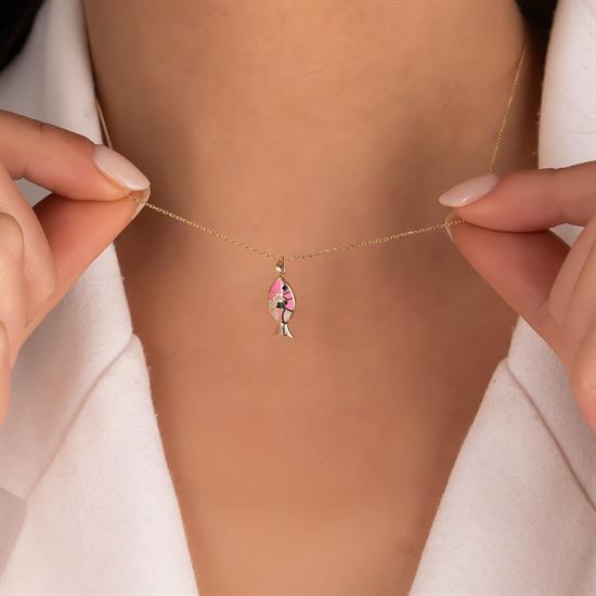 14 Ayar Altın Pembe Balık Kolye