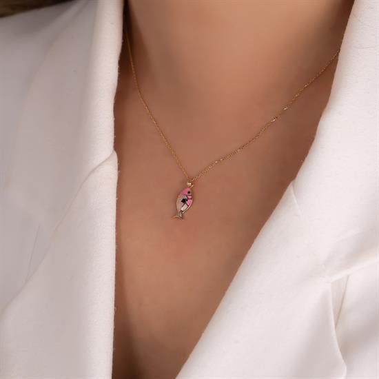 14 Ayar Altın Pembe Balık Kolye