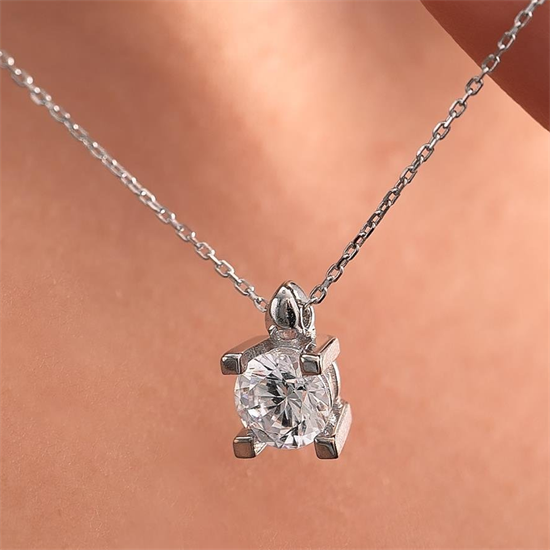 14 Ayar Beyaz Altın Tektaş Kolye