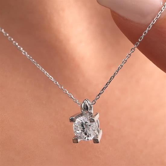 14 Ayar Beyaz Altın Tektaş Kolye