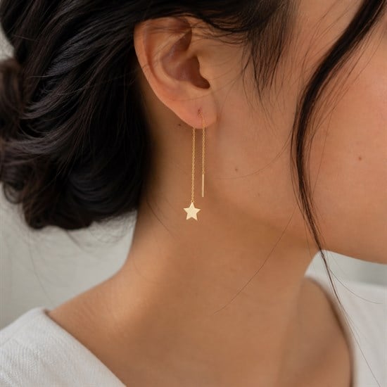 Sallantılı Yıldız 14 Ayar Altın Küpe 5,8 Cm