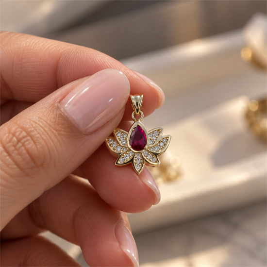 Kırmızı Taşlı Lotus 14 Ayar Altın Kolye Ucu