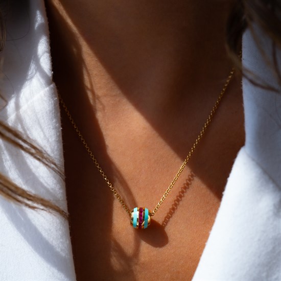 Cetaş Eterna Altın Kolye Sarı Altın Turkuaz Mineli 14 Ayar