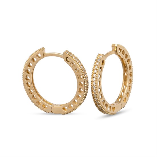 Kalp Detaylı Taşlı Halka Küpe 14 Ayar Altın