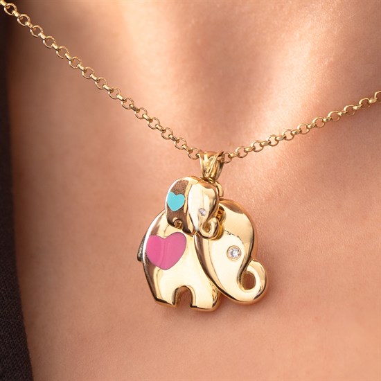 Cetaş Eterna Altın Kolye Sarı Altın Pembe-Mavi Mineli Eterna Fil 14 Ayar