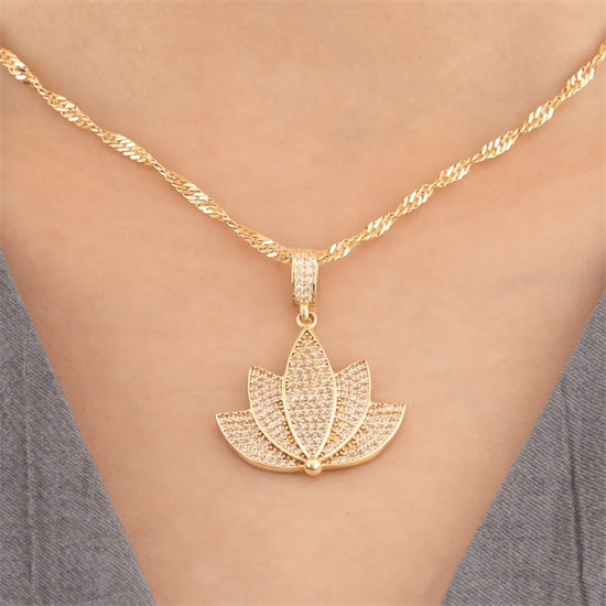 Taşlı Lotus 14 Ayar Altın Kolye