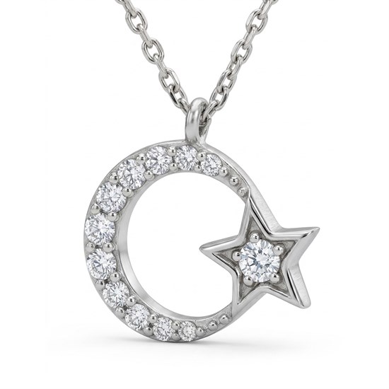 Ay Yıldız 14 Ayar Beyaz Altın Kolye