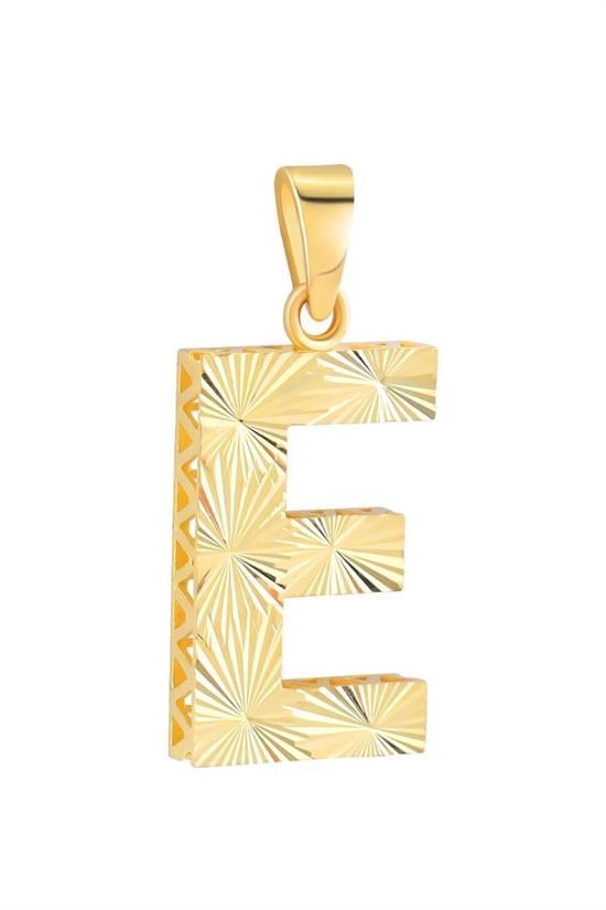 3 Boyutlu Kalemli Büyük E Harfi Kolye Ucu 14 Ayar Altın