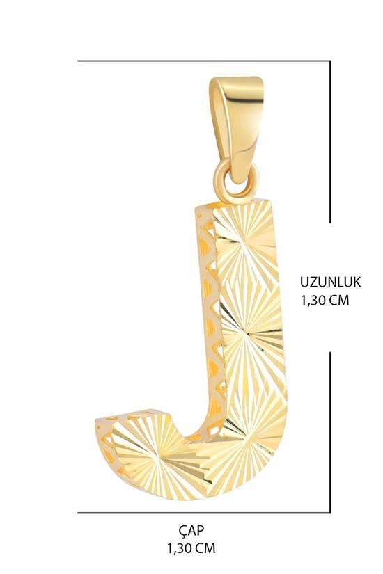 3 Boyutlu Kalemli J Harfi Kolye Ucu 14 Ayar Altın