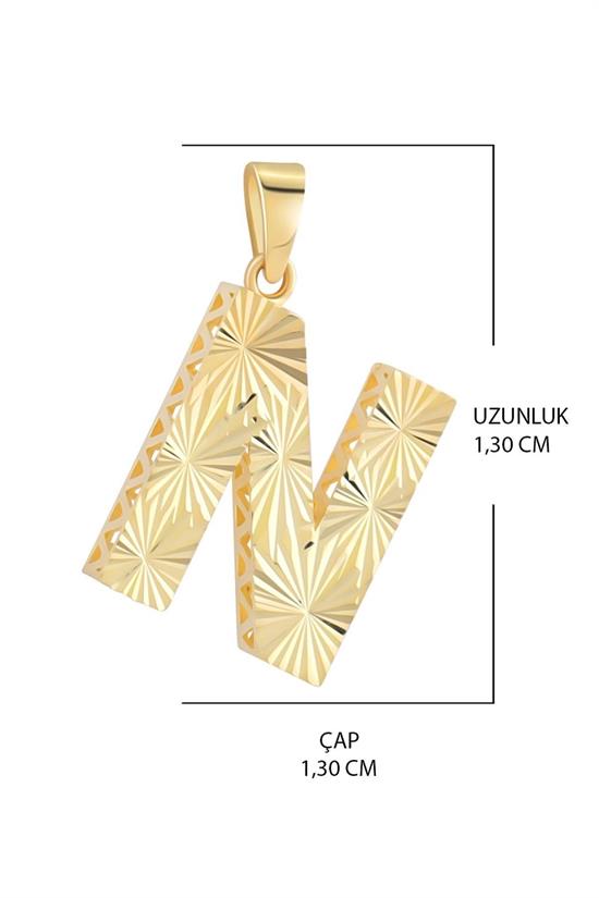3 Boyutlu Kalemli N Harfi Kolye Ucu 14 Ayar Altın