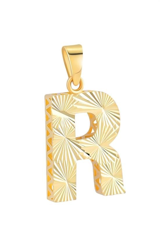 3 Boyutlu Kalemli R Harfi Kolye Ucu 14 Ayar Altın