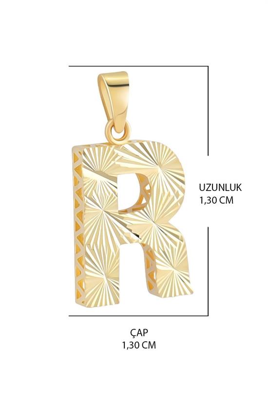 3 Boyutlu Kalemli R Harfi Kolye Ucu 14 Ayar Altın