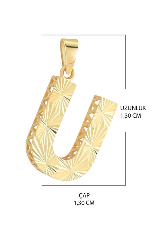 3 Boyutlu Kalemli U Harfi Kolye Ucu 14 Ayar Altın