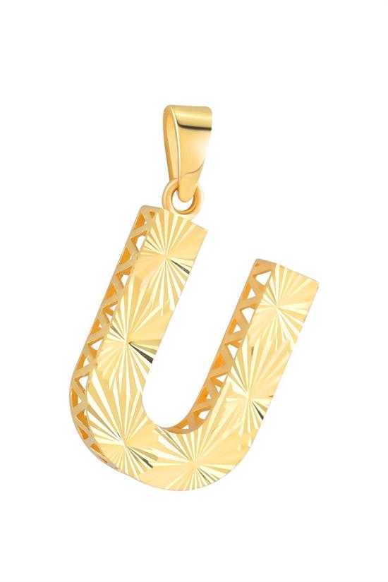 3 Boyutlu Kalemli U Harfi Kolye Ucu 14 Ayar Altın