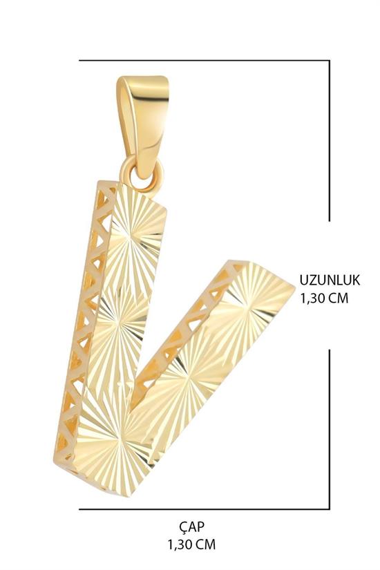 3 Boyutlu Kalemli V Harfi Kolye Ucu 14 Ayar Altın