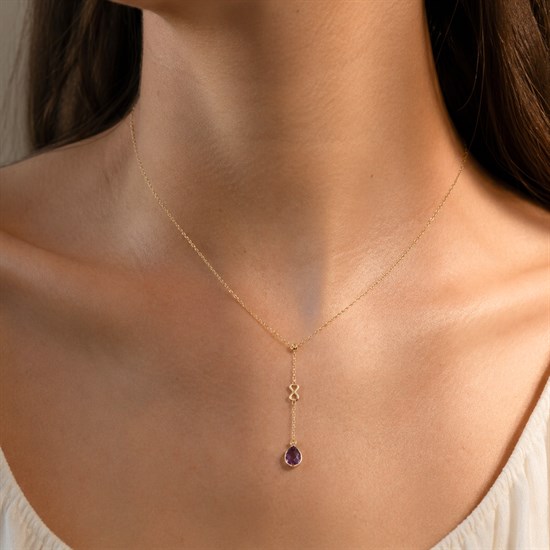 Mor Taşlı Sonsuzluk 14 Ayar Altın Minimal Kolye