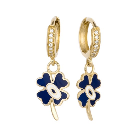 Mavi Mineli Yonca Sallantılı Küpe 14 Ayar Altın