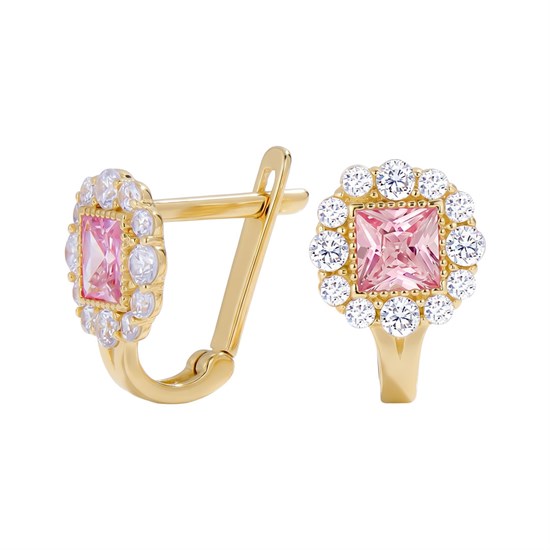 Pembe Beyaz Taşlı Klips Kilitli Çocuk Küpe 14 Ayar Altın