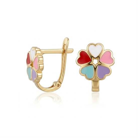 Renkli Mineli Çiçekli Klips Kilitli Küpe 14 Ayar Altın